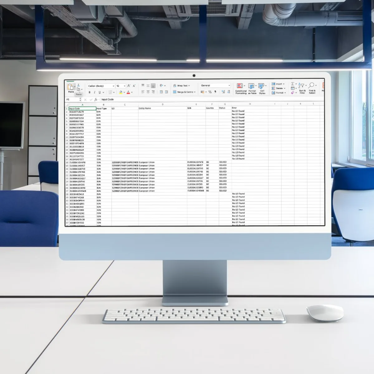 Excel spreadsheet showing bulk ISIN to LEI mapping results with entity names, countries, and status information organized in columns
