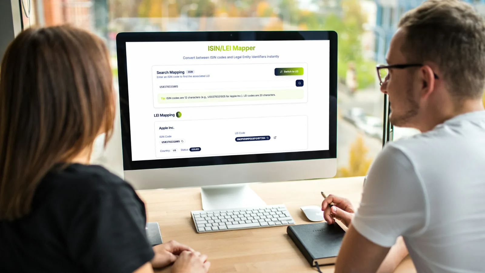 ISIN/LEI Mapper interface showing real-time conversion between ISIN codes and Legal Entity Identifiers with professional dashboard view