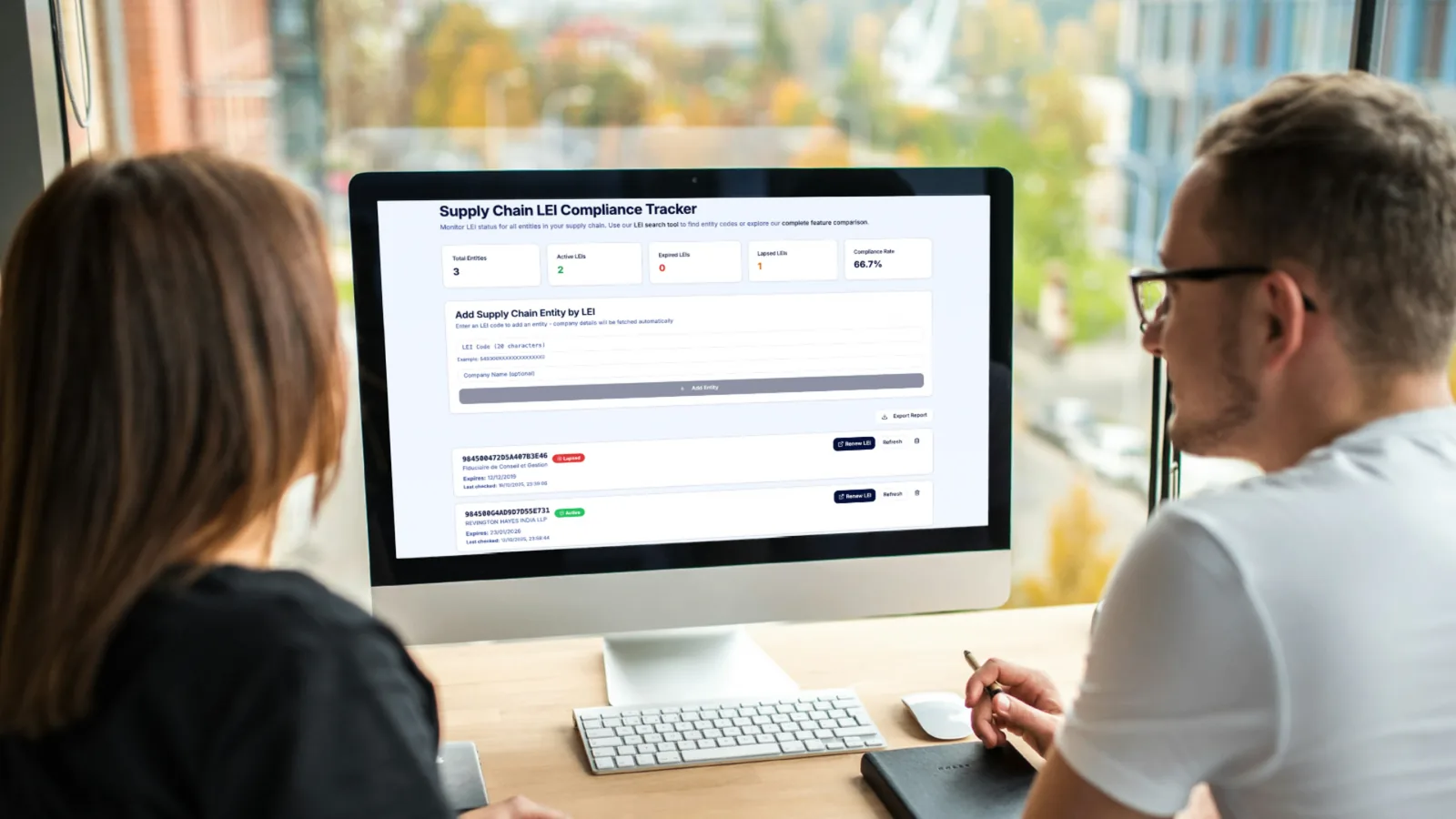 Supply chain compliance dashboard showing supplier verification status, LEI validation results, and risk monitoring interface