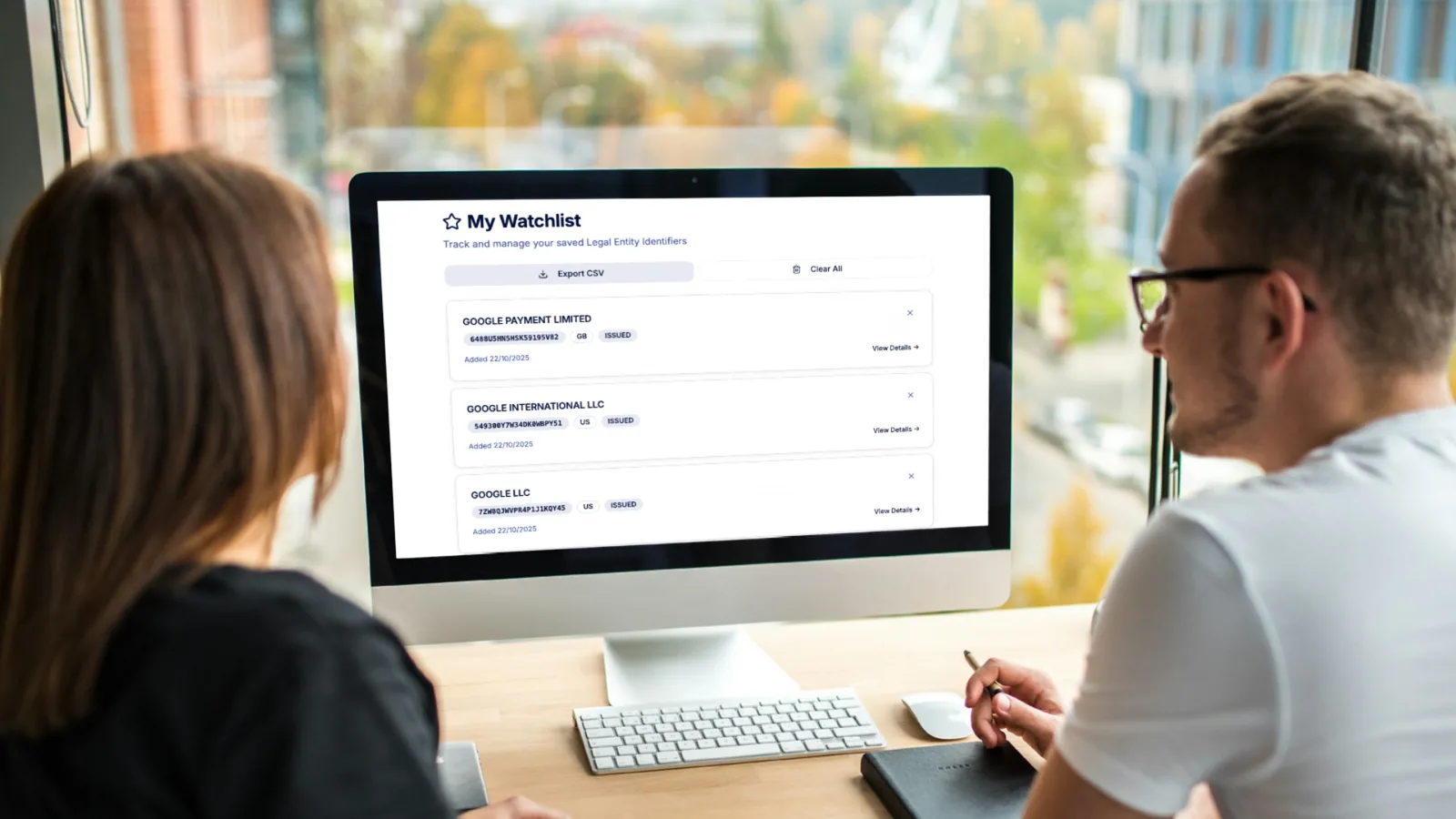LEI Search Compliance Dashboard - Monitor and track Legal Entity Identifiers LEI Search compliance dashboard showing watchlist monitoring, LEI status tracking, and renewal date alerts for legal entity verification